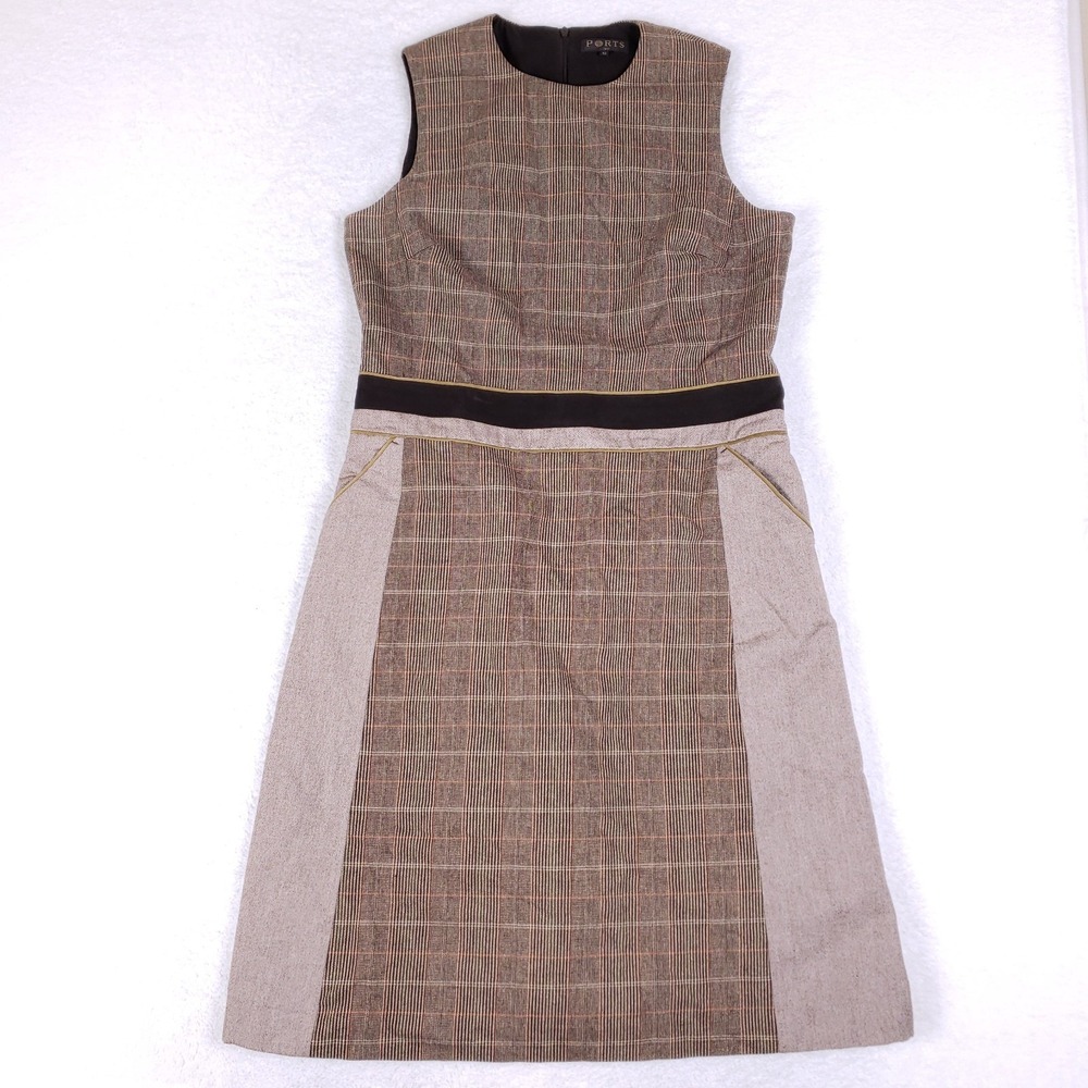 Ports 1961‎ Plaid Wool Blend Leather Trim A-Line Dress Size 12 Classic Chic